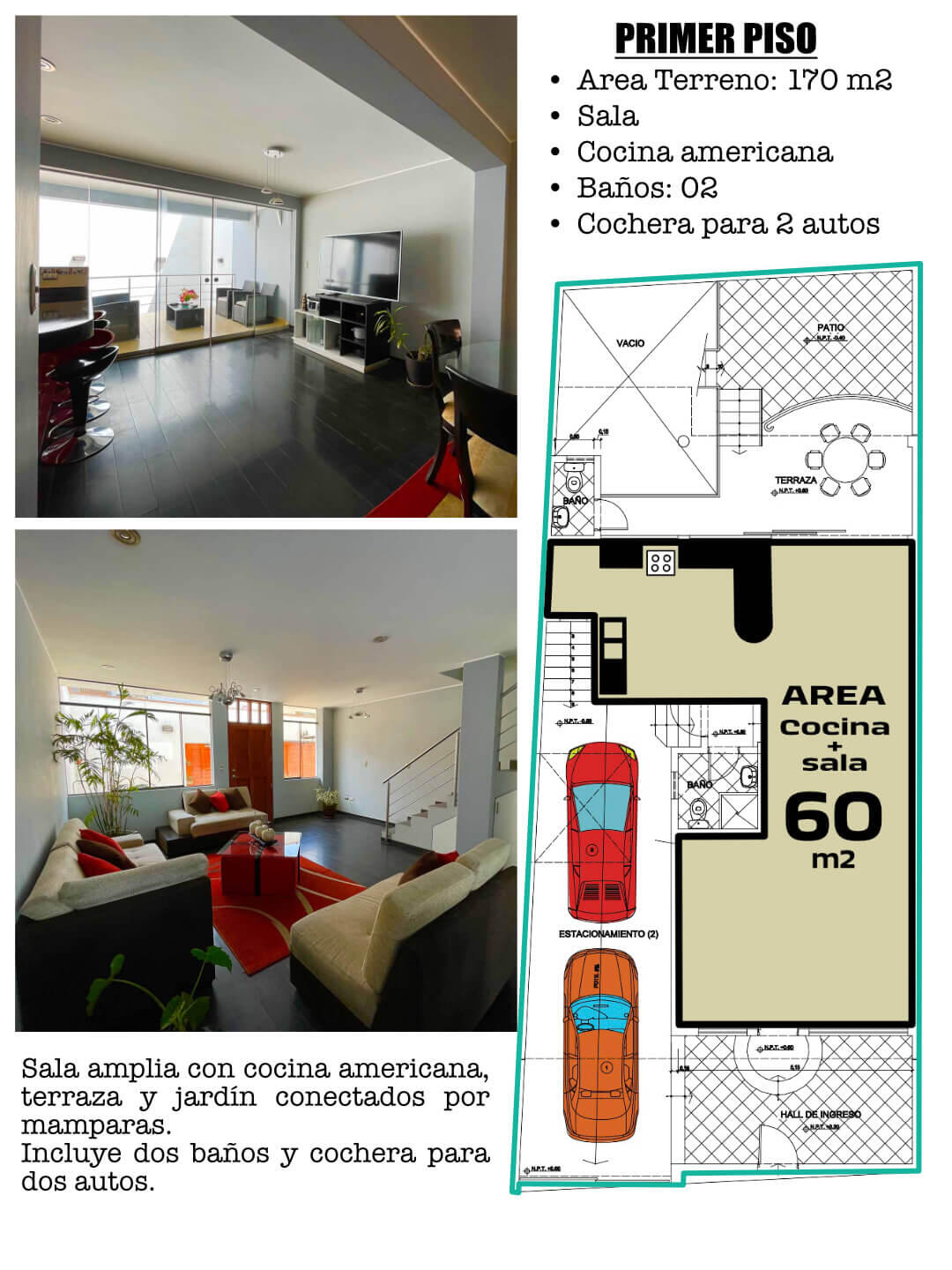 Ambiente integrado de sala y cocina de 60 m² con iluminación natural en casa de tres pisos en La Molina