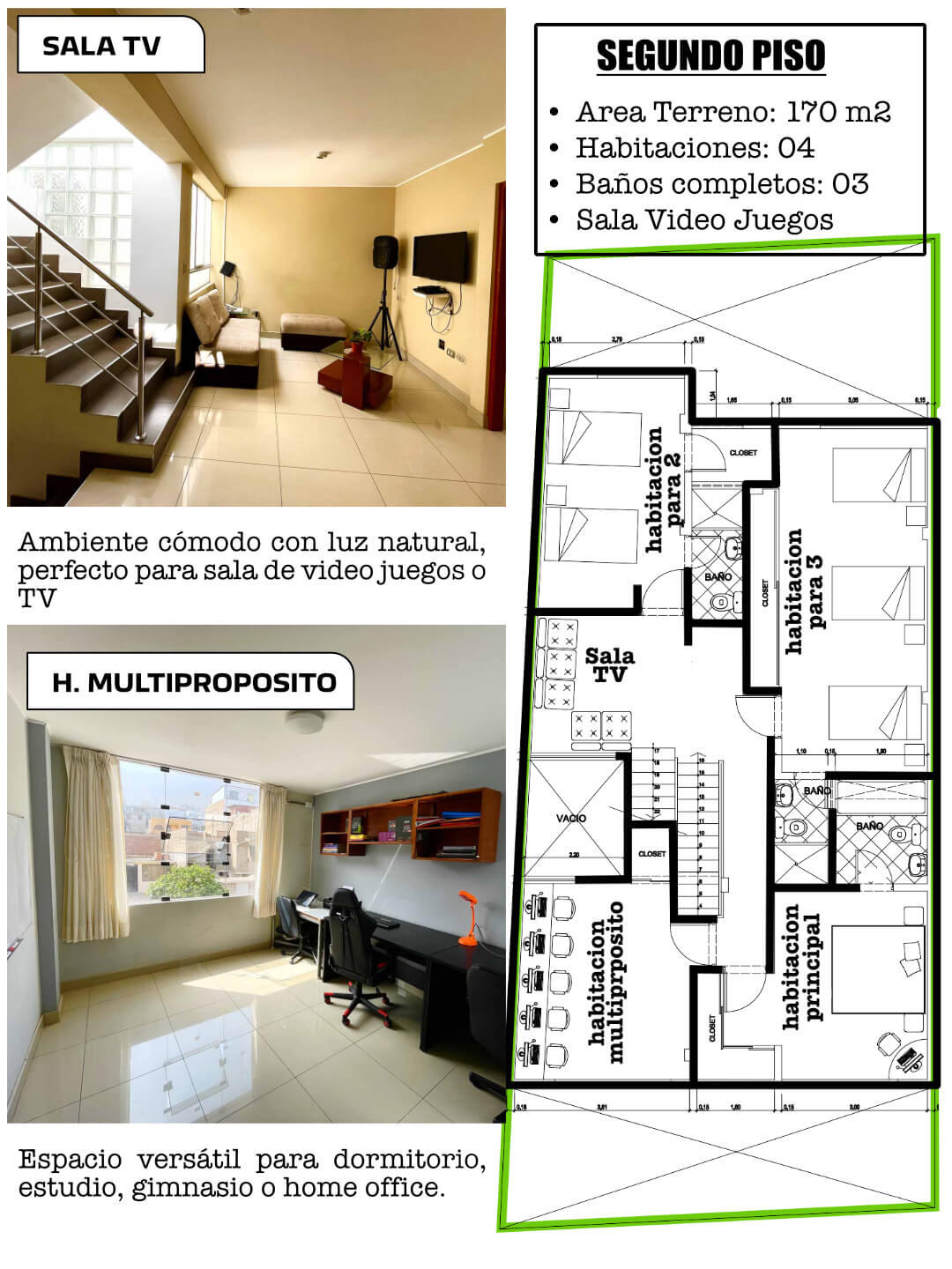 Habitación adicional con baño y cuarto multifuncional usado como estudio en casa de tres pisos en La Molina