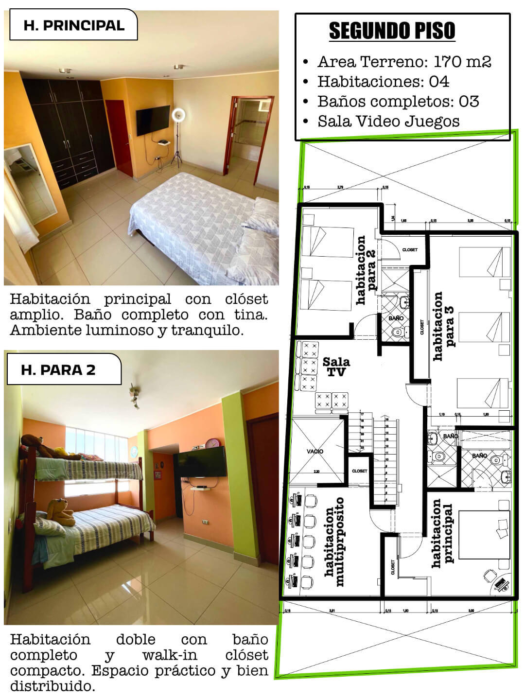 Habitaciones amplias con baño completo y buena iluminación natural en casa familiar en La Molina